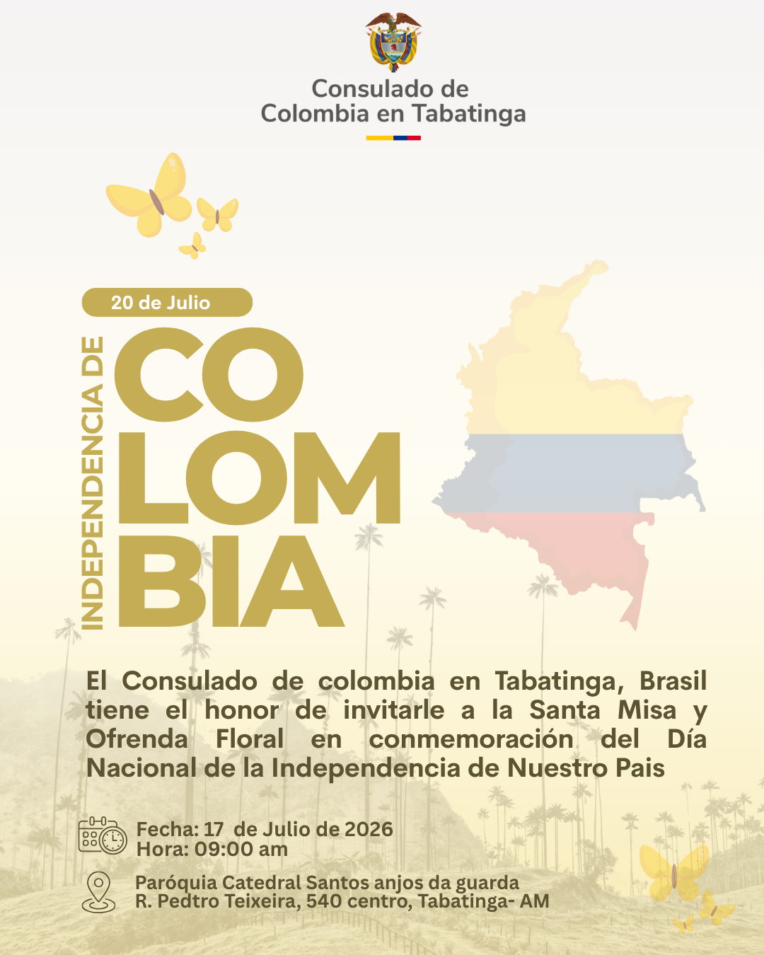 El Consulado de Colombia en Tabatinga invita a la Santa Misa y Ofrenda Floral por el Día de la Independencia de Colombia